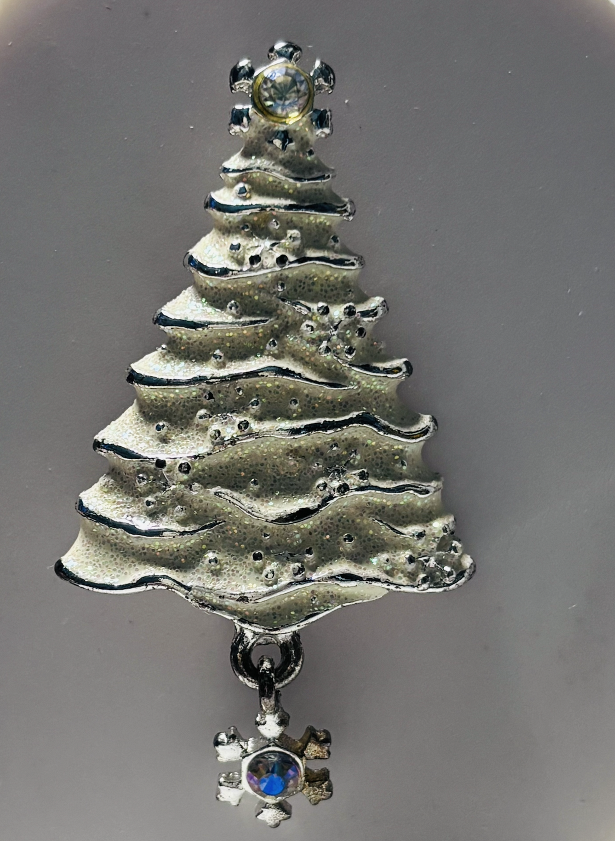 Christopher Radko Signed Silver Tone Christmas Tree Brooch Dangle Snowflake